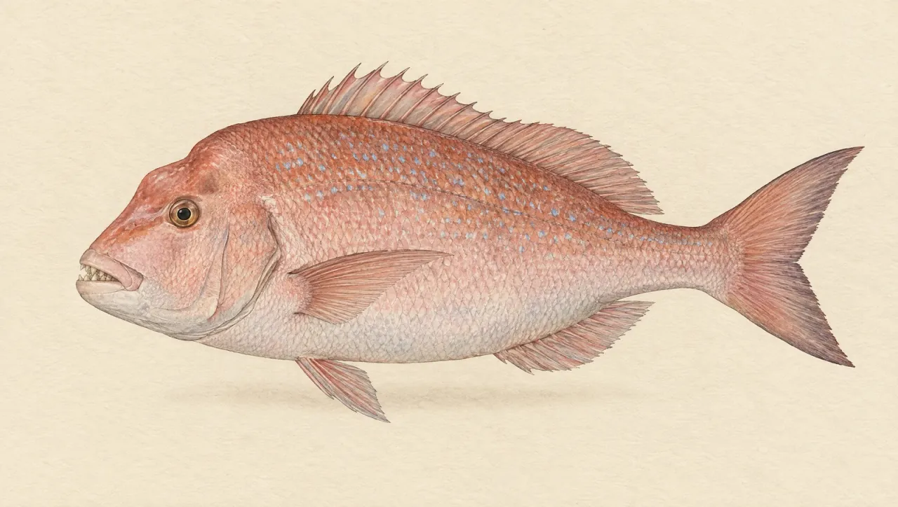 Illustrated natural history plate of an adult snapper, Chrysophrys auratus, in side profile