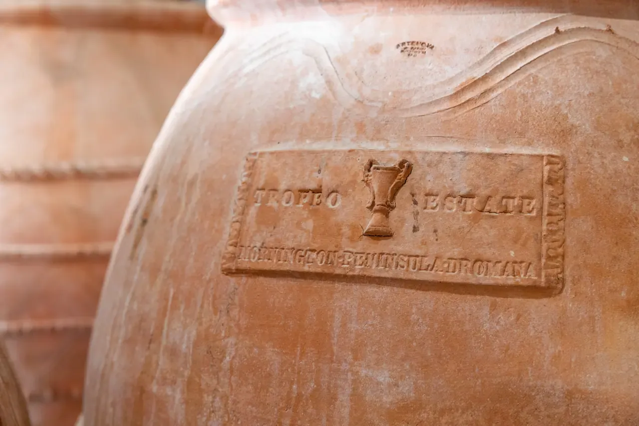 Close view of a terracotta amphora stamped with the Trofeo Estate name and a trophy emblem