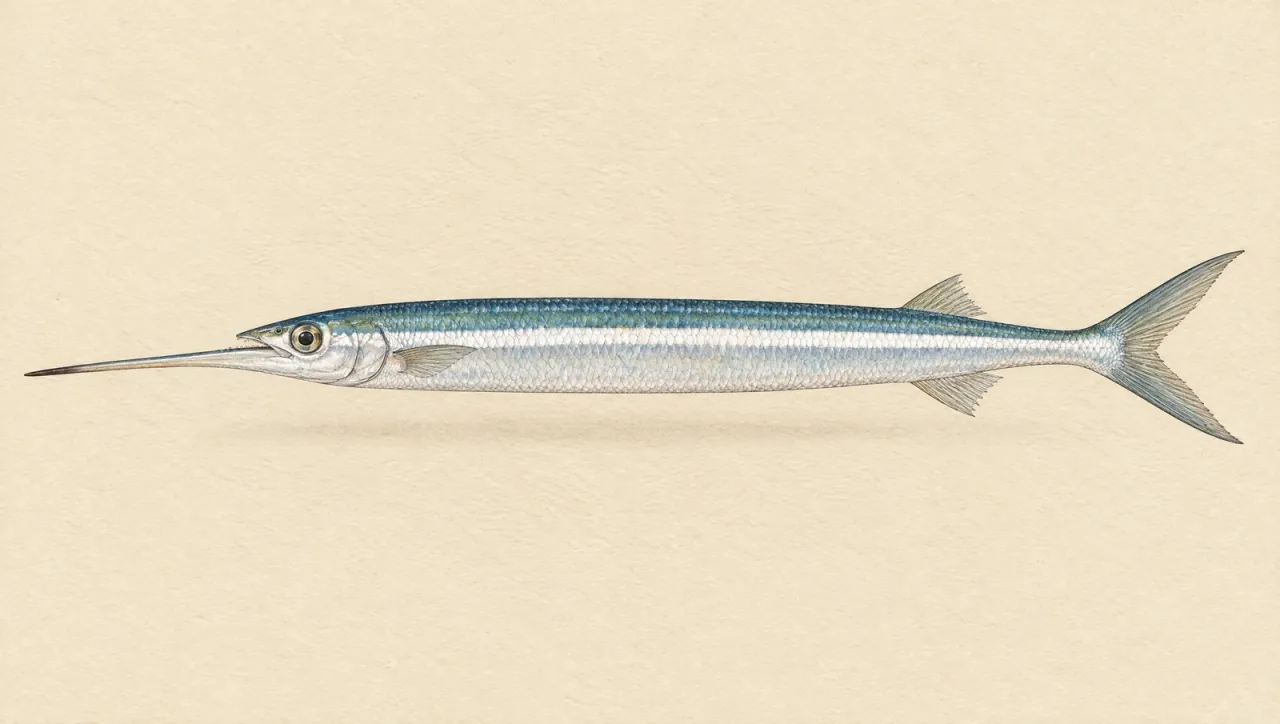 Illustrated natural history plate of a southern sea garfish, Hyporhamphus melanochir, in side profile