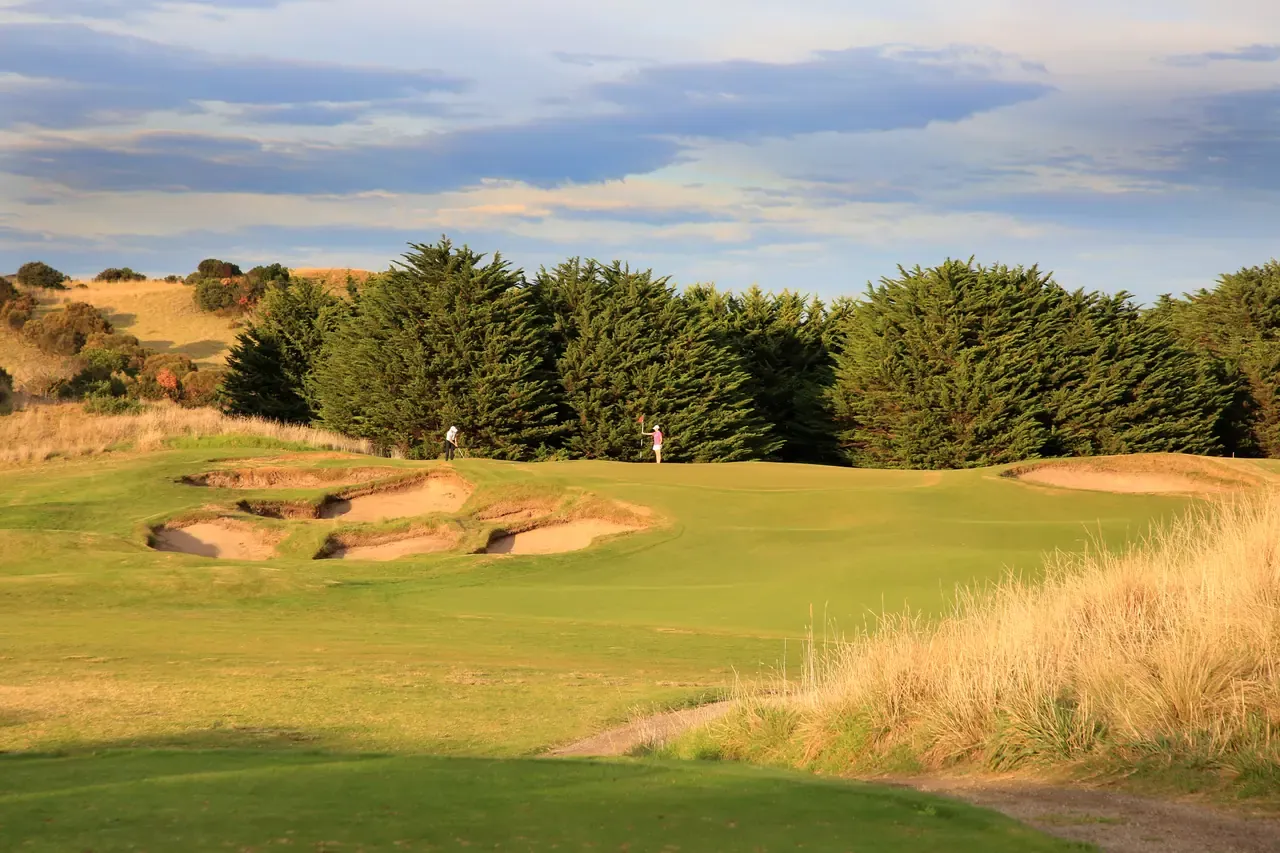 Late light on a cluster of sand bunkers before a green at The Dunes Golf Links, backed by a row of dark cypress trees