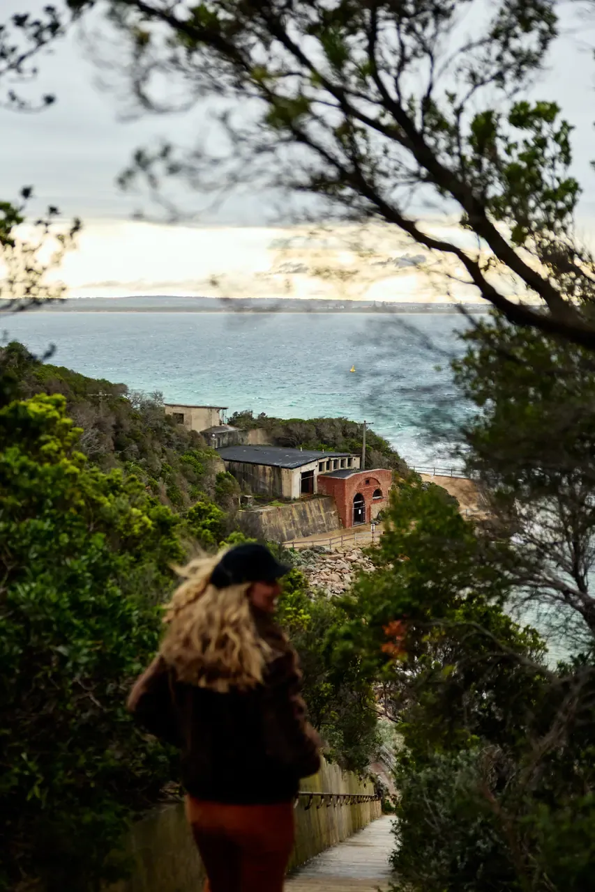 A walker descends a boardwalk through coastal trees towards old brick and concrete fort buildings above the water at Point Nepean