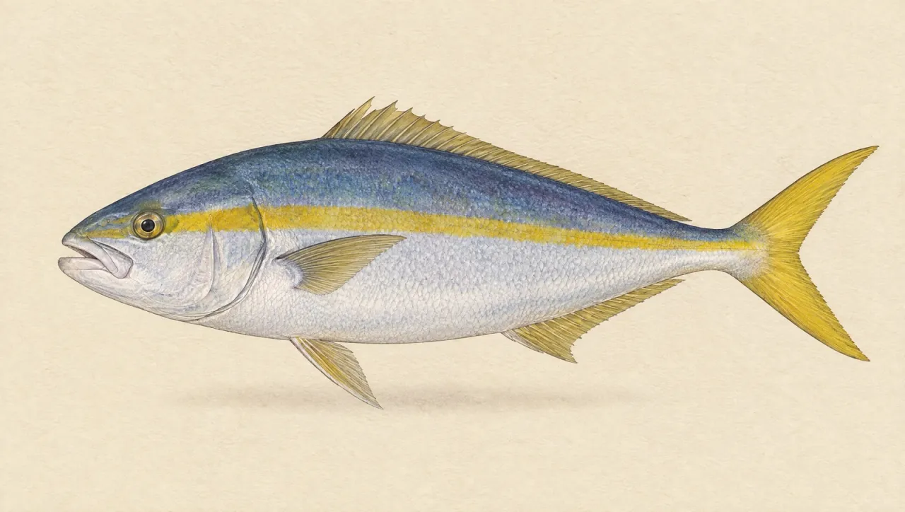 Illustrated natural history plate of a yellowtail kingfish, Seriola lalandi, in side profile
