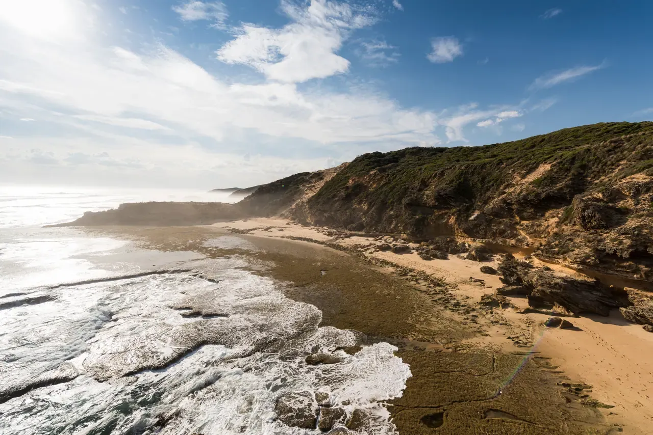Surf washes over a broad rock platform below scrubby dunes and cliffs on the ocean coast at Portsea