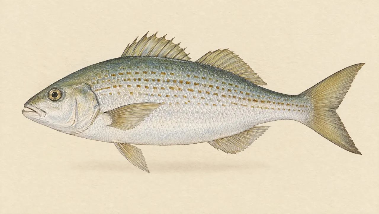 Illustrated natural history plate of an Australian salmon, Arripis truttaceus, in side profile