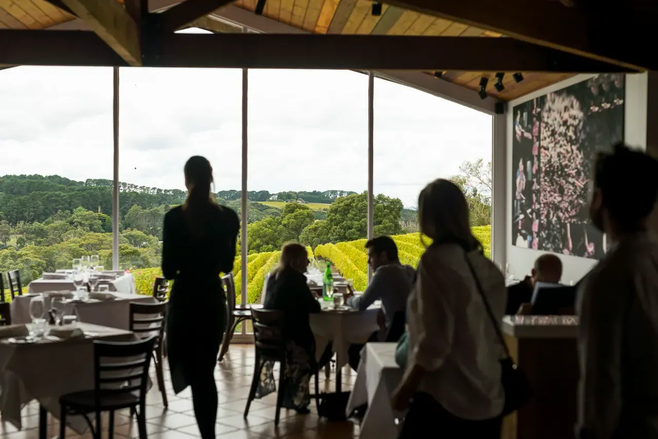 Diners and staff in the Paringa Estate restaurant, tall windows looking out over rows of vines and forested hills