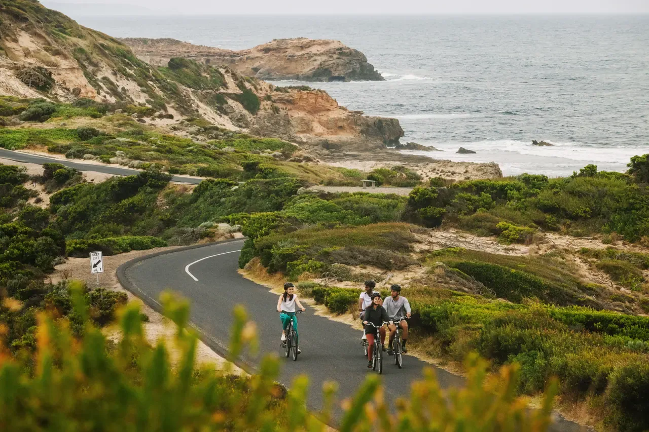 Three cyclists ride a curving road through coastal heath at Point Nepean, with rocky headlands and the ocean behind