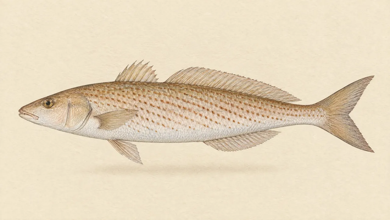 Illustrated natural history plate of a King George whiting, Sillaginodes punctatus, in side profile