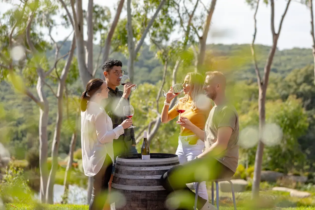 Four friends sip red wine around a barrel table on a lawn edged with gum trees and bushland hills