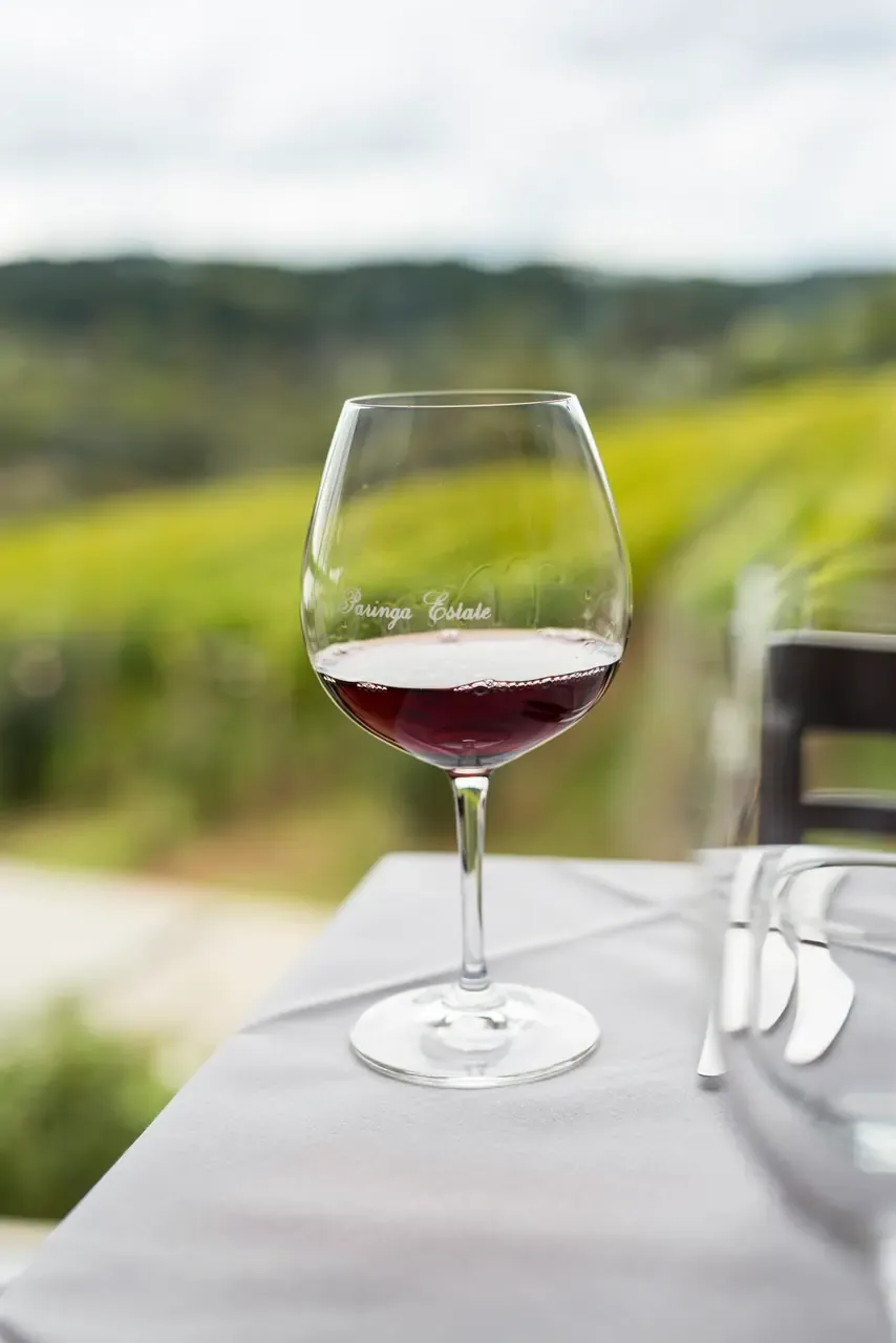 A glass of red wine etched with the Paringa Estate name on a white tablecloth, vineyard slopes blurred behind