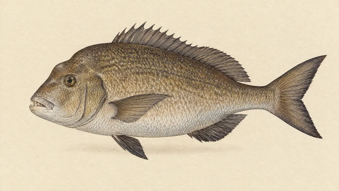 Illustrated natural history plate of a black bream, Acanthopagrus butcheri, in side profile