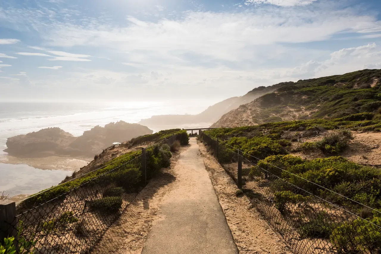 A fenced sandy path leads through coastal scrub to a lookout over rock stacks and the hazy ocean at Portsea