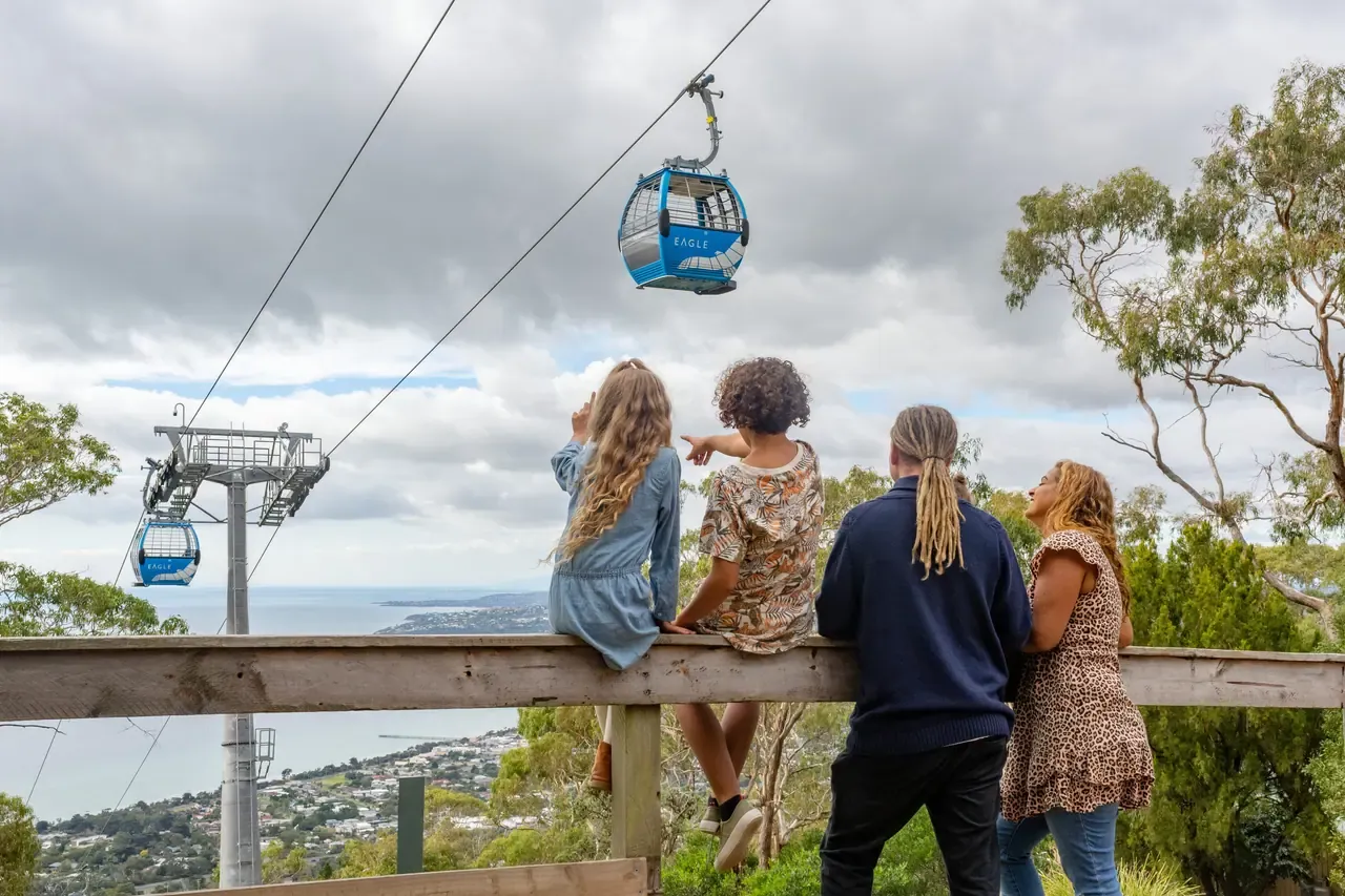 Visitors at a timber railing watch an Arthurs Seat Eagle gondola pass overhead, with the bay and coastal suburbs below