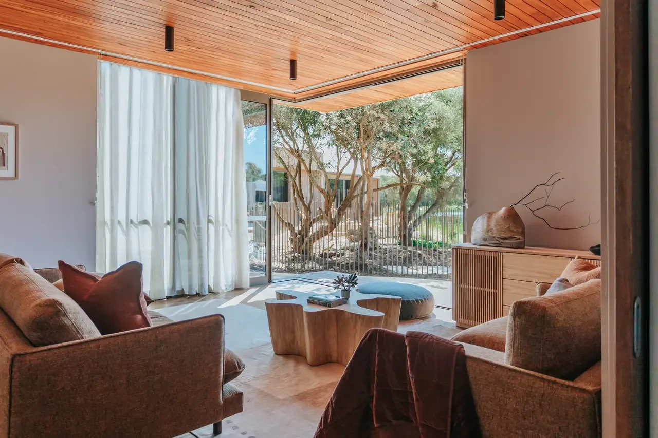 Eco Lodge lounge at Peninsula Hot Springs with timber ceiling, armchairs and a sculpted coffee table facing a courtyard of olive trees