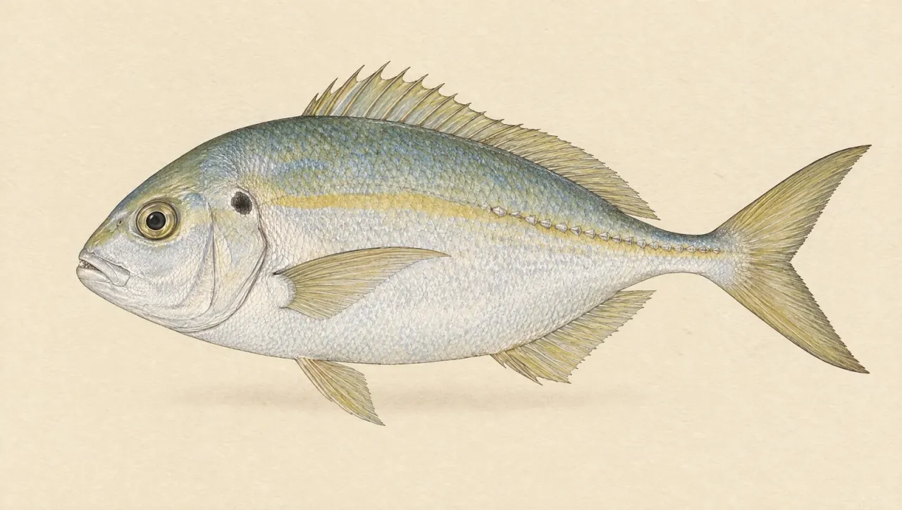 Illustrated natural history plate of a silver trevally, Pseudocaranx georgianus, in side profile