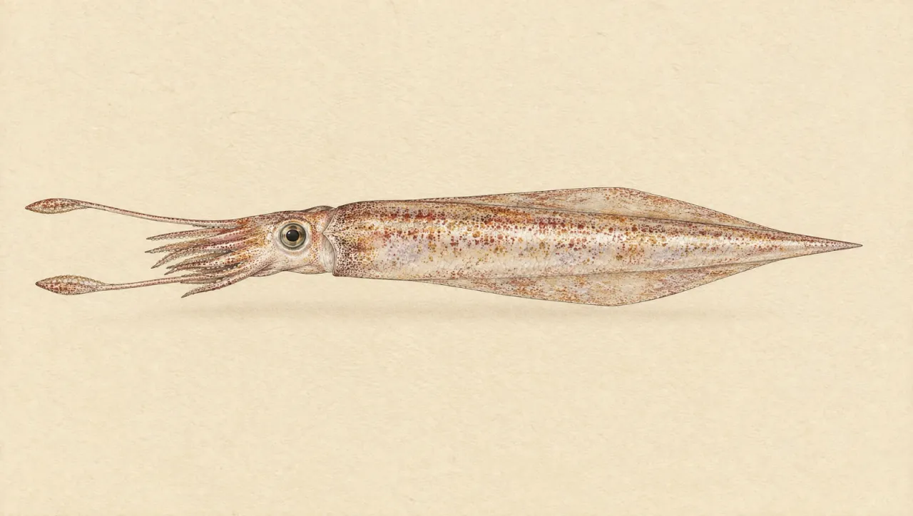 Illustrated natural history plate of a southern calamari, Sepioteuthis australis, in side view