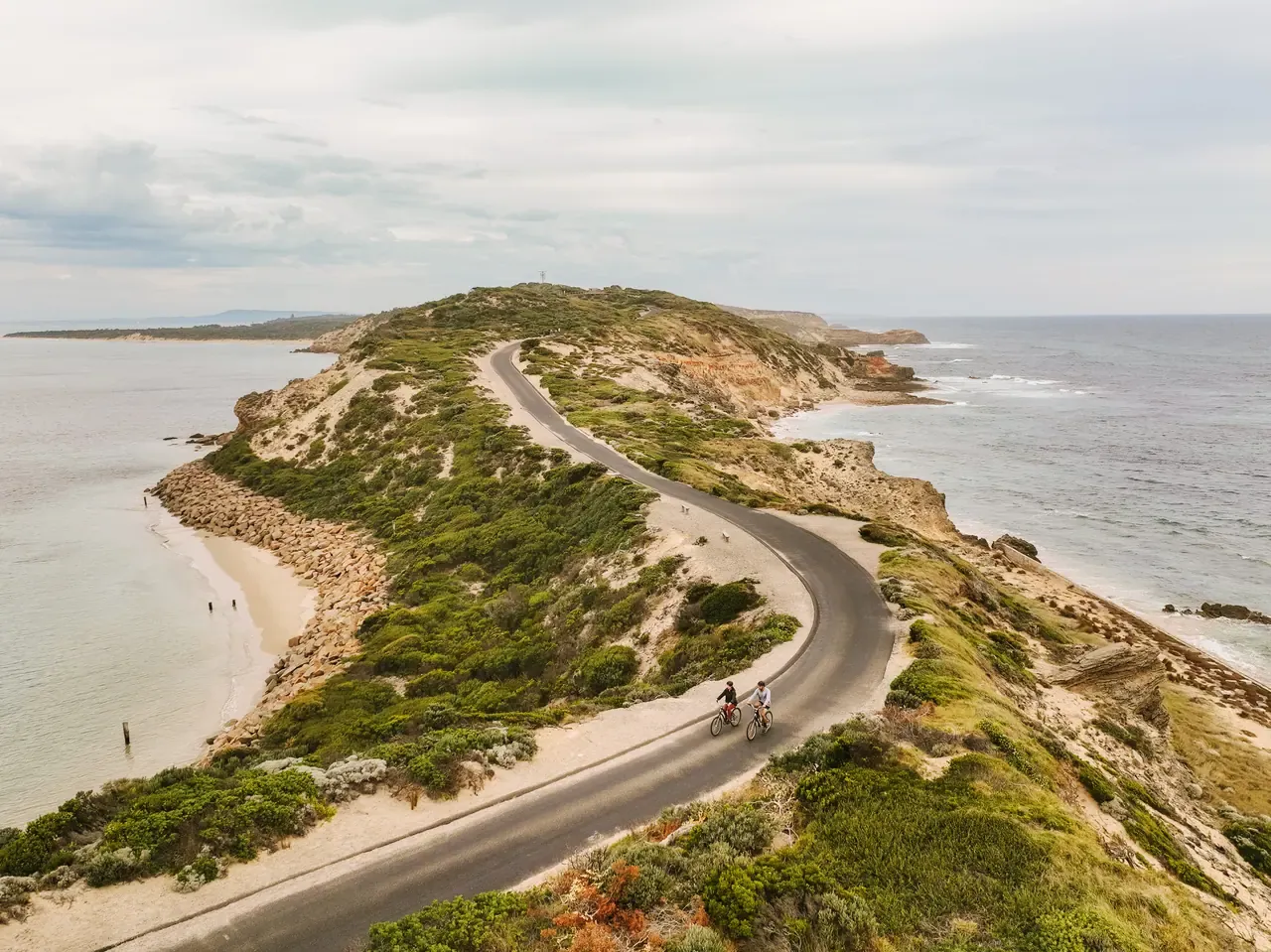 Aerial view of two cyclists on a curving road across the scrubby Point Nepean headland, between a sandy bay beach and the ocean