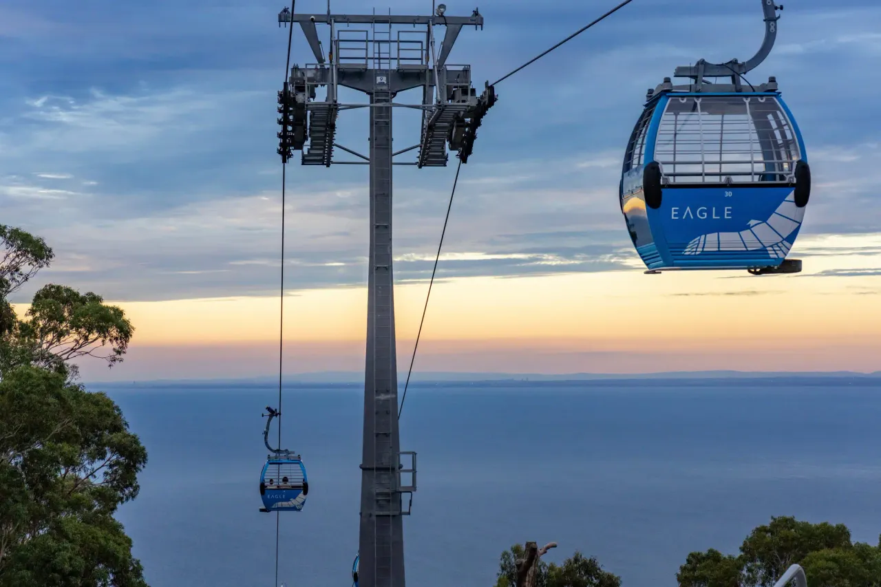 Arthurs Seat Eagle gondolas pass a support tower above the bay as a pale band of light sits on the horizon