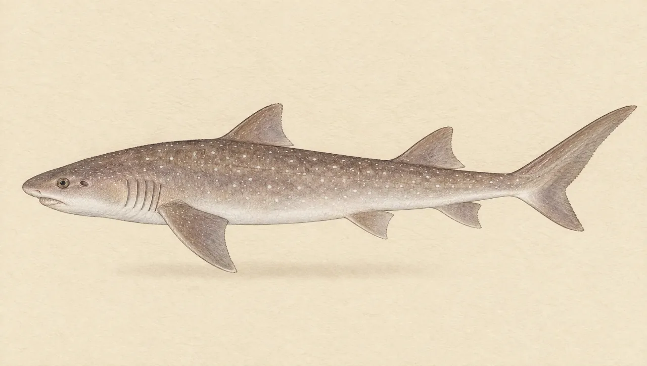 Illustrated natural history plate of a gummy shark, Mustelus antarcticus, in side profile