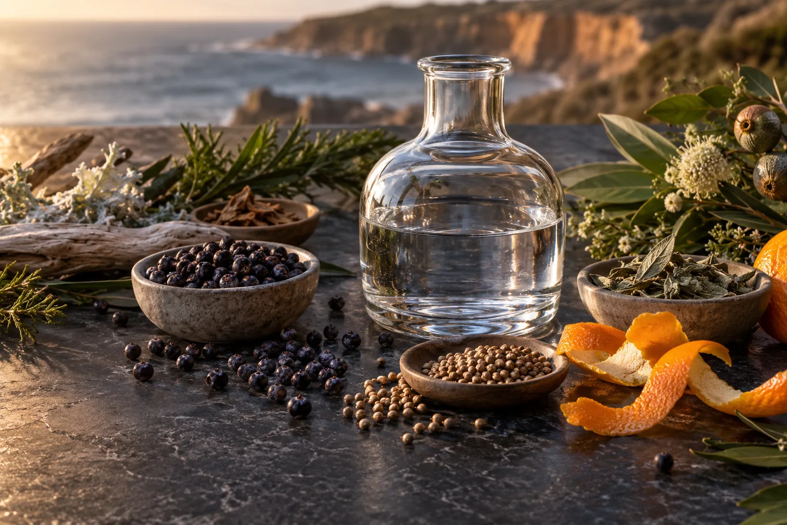 Illustrative gin botanicals, including juniper berries and citrus peel, arranged around an unlabelled glass vessel
