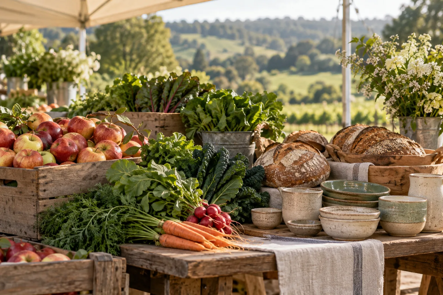 Illustrative apples, leafy produce, bread and handmade ceramics at a country market stall