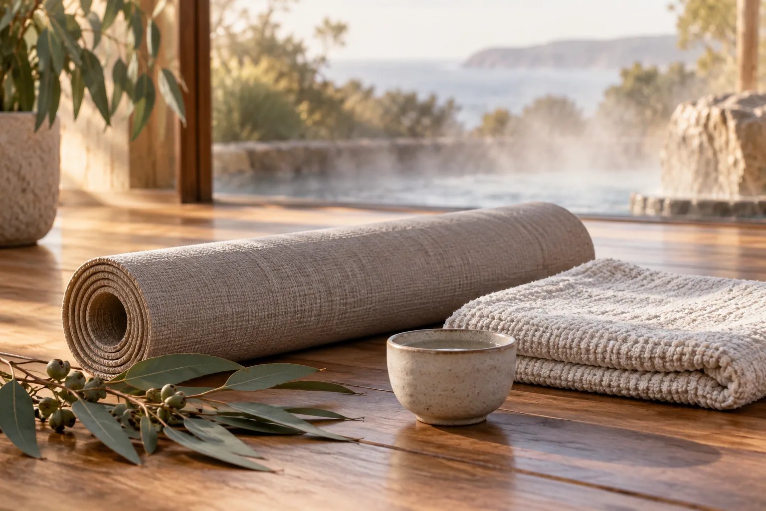 Illustrative rolled yoga mat, folded towel and eucalyptus leaves beside a water cup