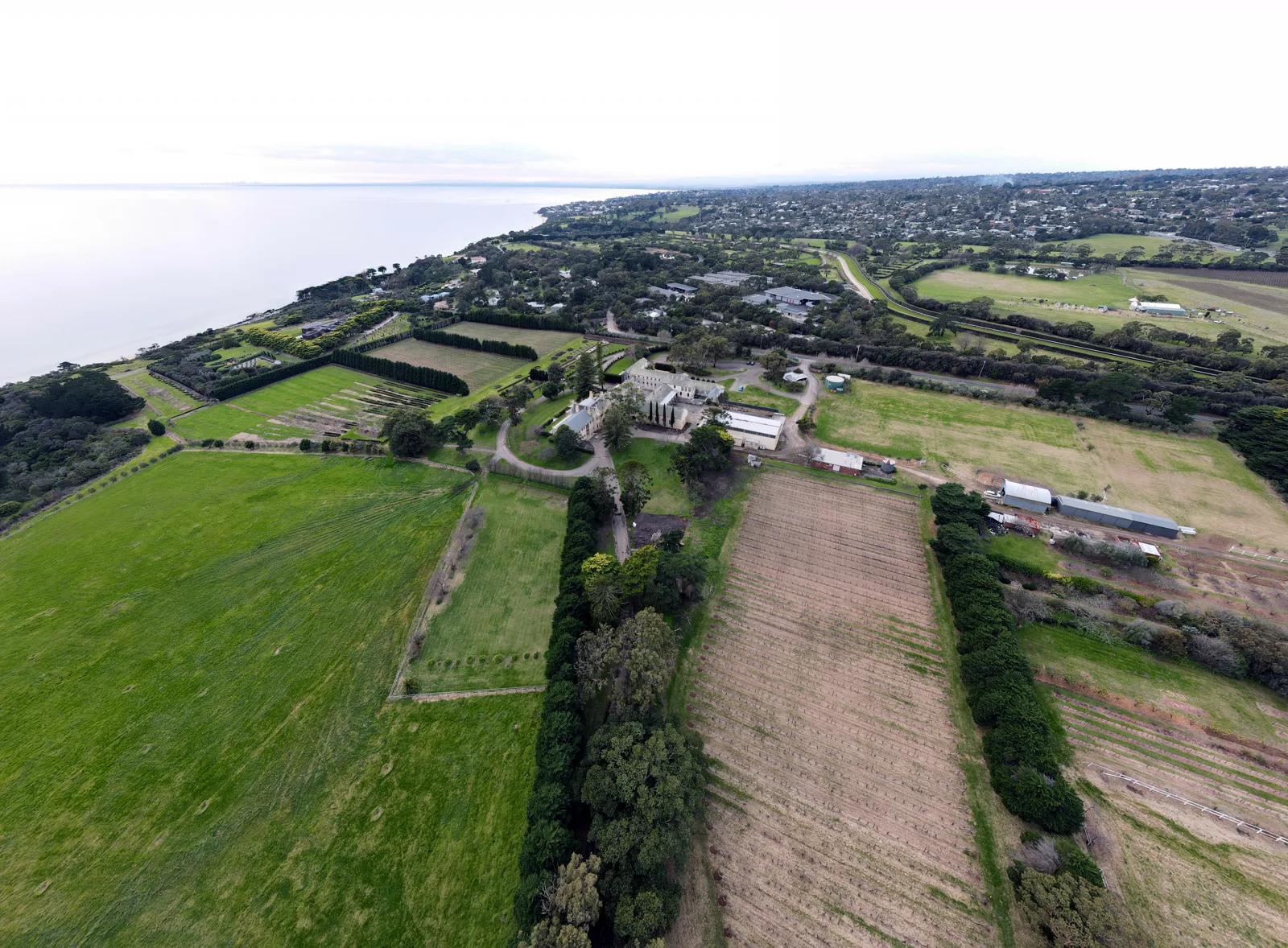 Aerial view across Mornington Peninsula vineyards and farmland with a country road running through the patchwork toward Port Phillip Bay