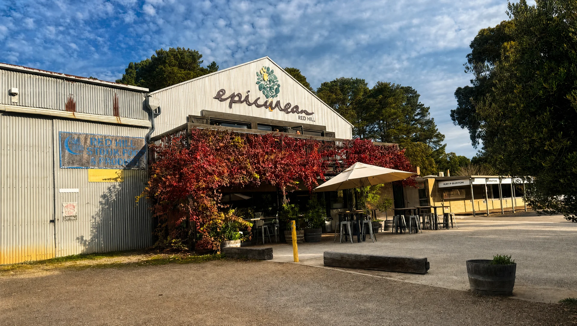 The Epicurean Red Hill restaurant exterior with autumn ivy on the corrugated-iron facade, Mornington Peninsula