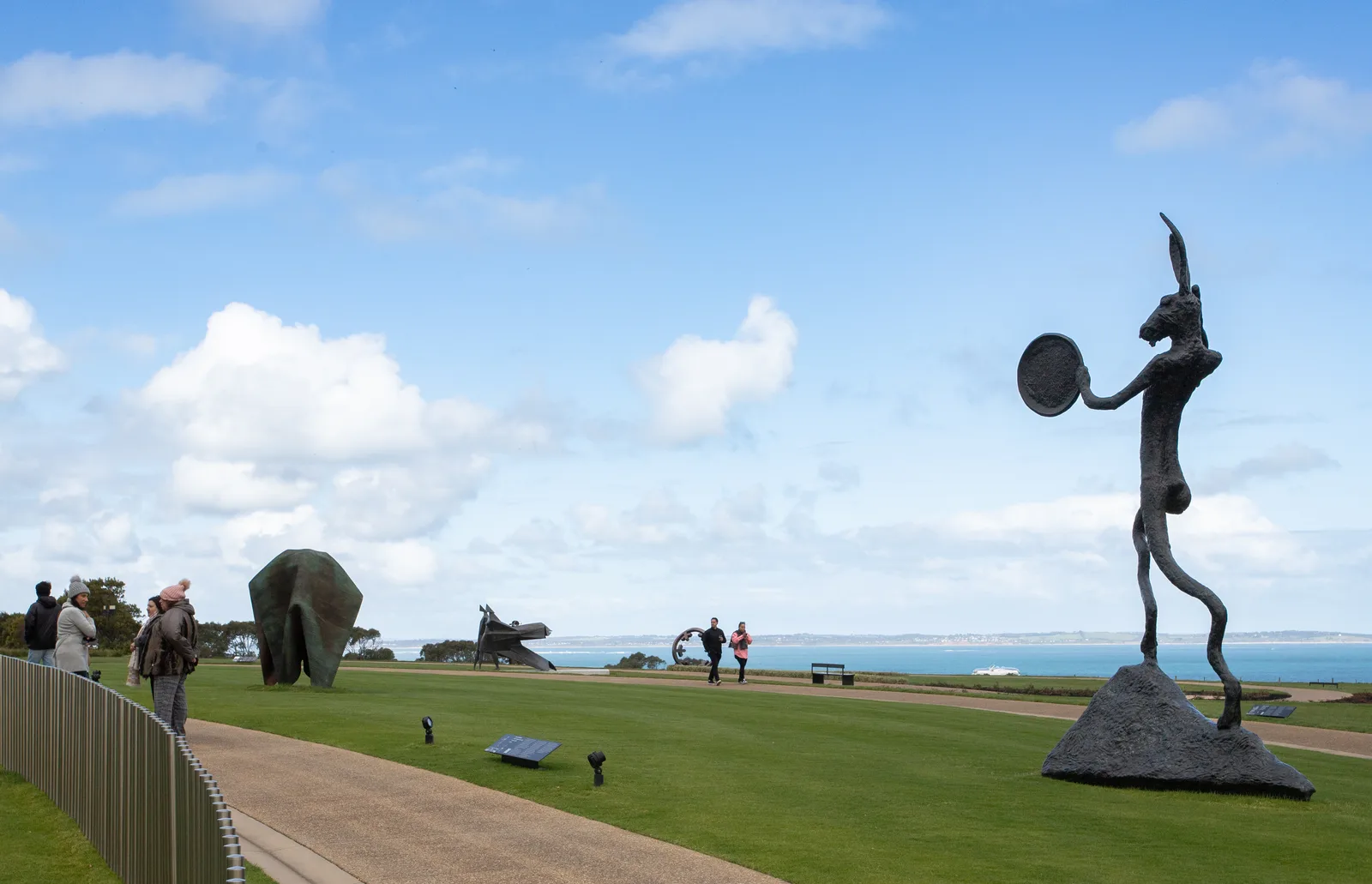 Pt. Leo Estate Sculpture Park overlooking Western Port - Barry Flanagan's hare and other large-scale works on the lawn