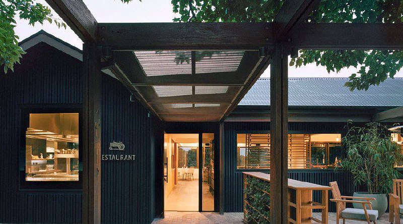 Entrance walkway and restaurant exterior at Ten Minutes by Tractor in Main Ridge on the Mornington Peninsula