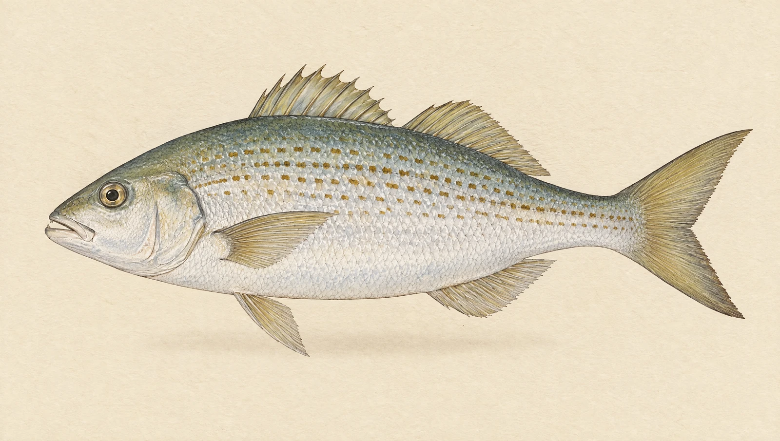 Illustrated natural history plate of an Australian salmon, Arripis truttaceus, in side profile