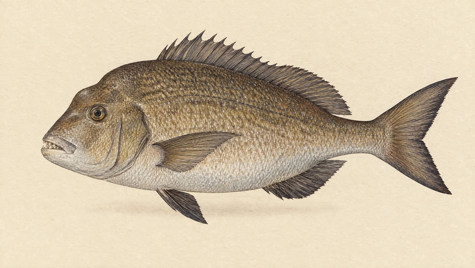 Illustrated natural history plate of a black bream, Acanthopagrus butcheri, in side profile