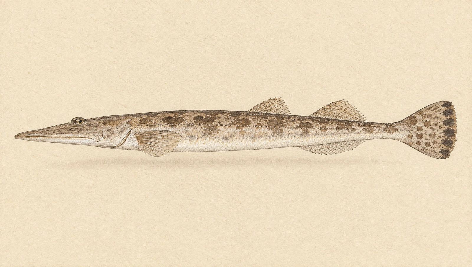 Illustrated natural history plate of a sand flathead, Platycephalus bassensis, in side profile