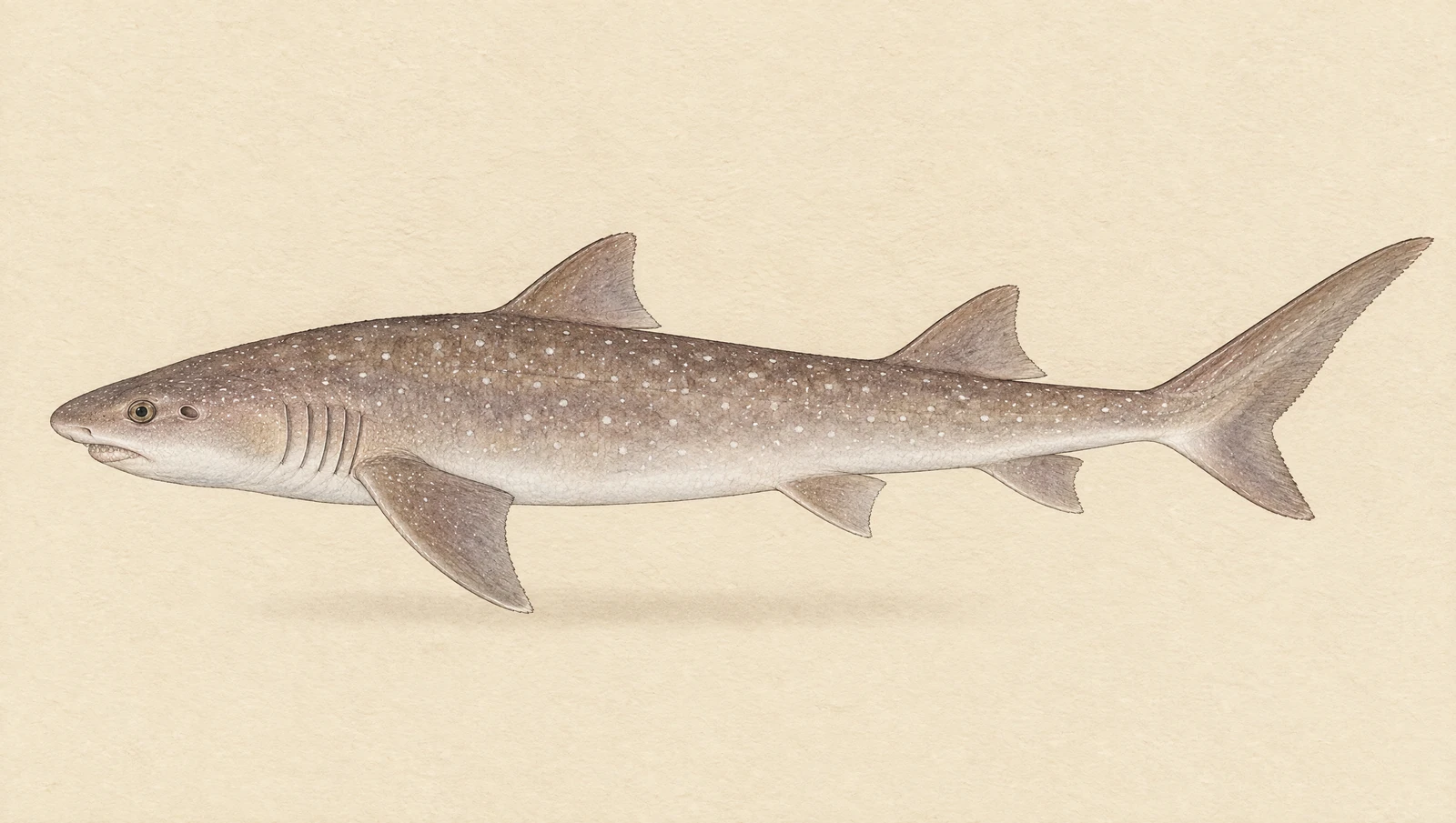 Illustrated natural history plate of a gummy shark, Mustelus antarcticus, in side profile
