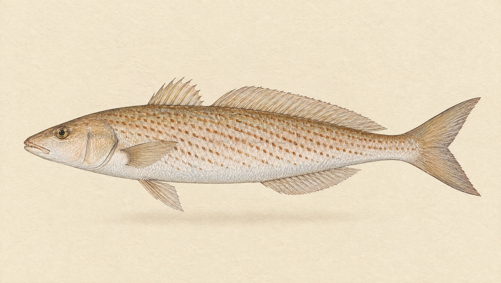 Illustrated natural history plate of a King George whiting, Sillaginodes punctatus, in side profile