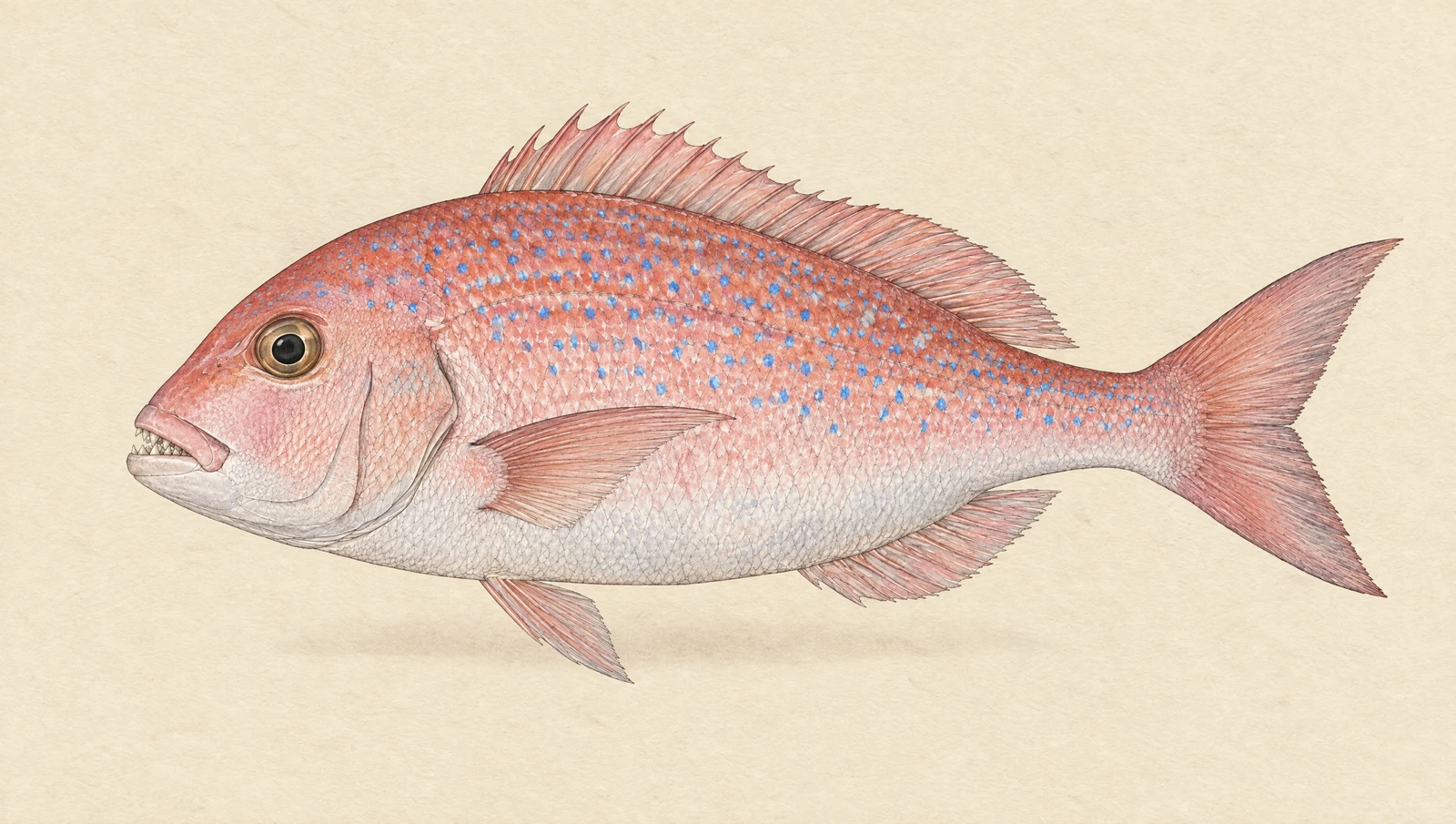 Illustrated natural history plate of a juvenile snapper, the pinky, Chrysophrys auratus, in side profile