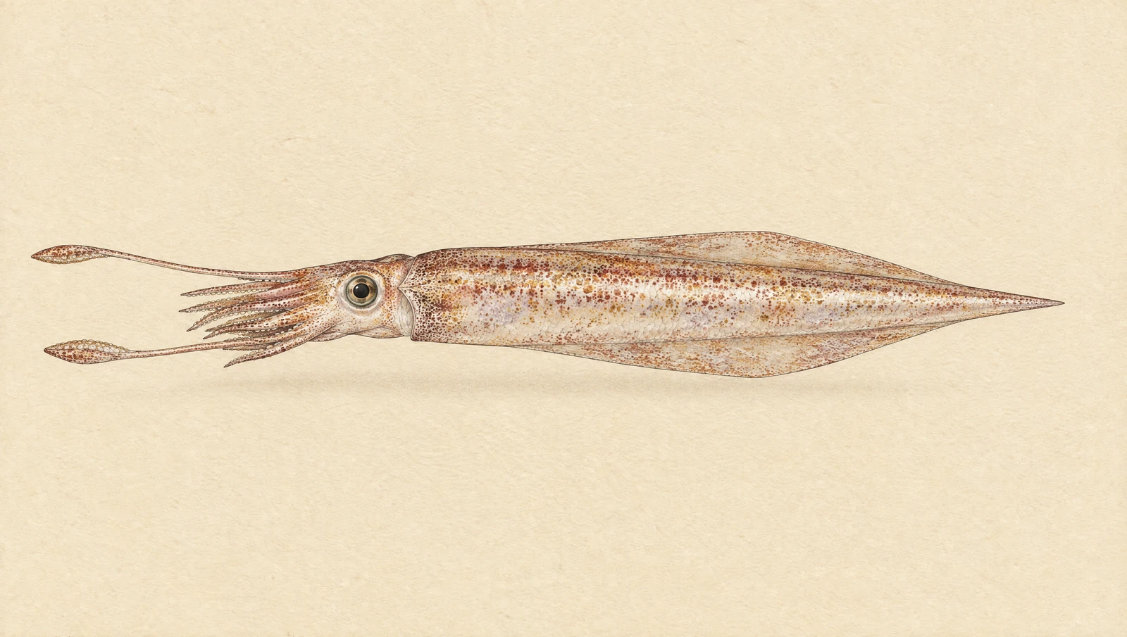 Illustrated natural history plate of a southern calamari, Sepioteuthis australis, in side view