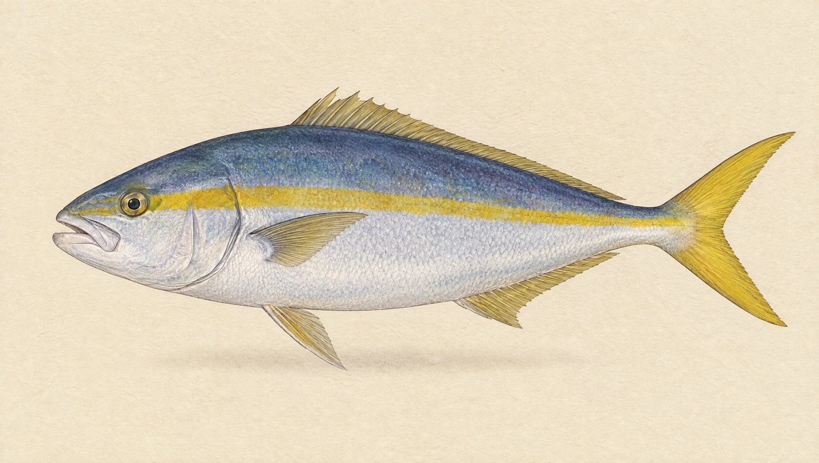 Illustrated natural history plate of a yellowtail kingfish, Seriola lalandi, in side profile