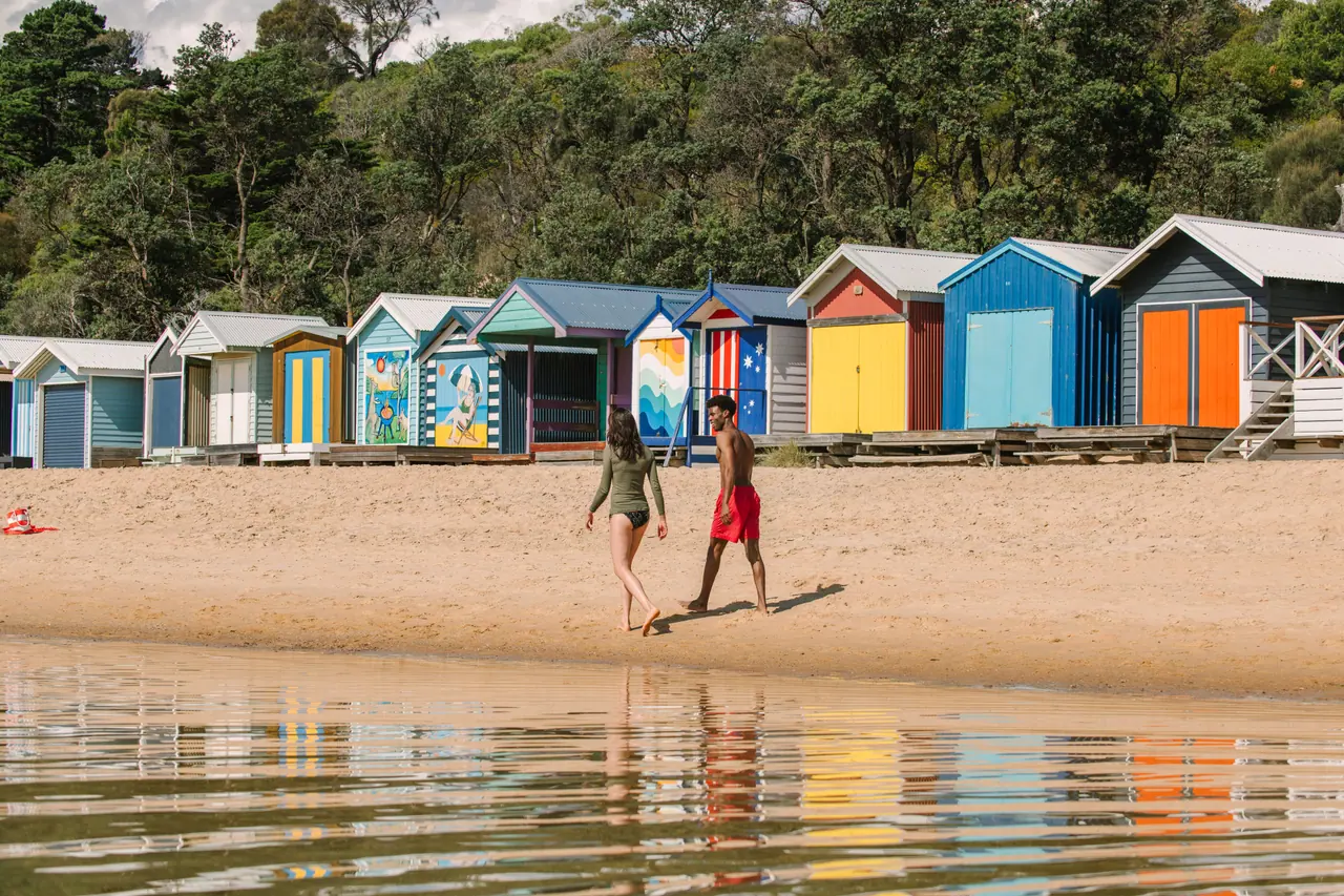 A couple strolls along the beach in front of colourful bathing boxes at Mornington, backed by thick coastal trees
