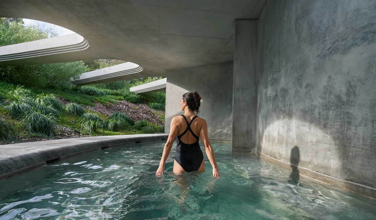 A bather wading through a turquoise pool beneath curved concrete canopies at Alba Thermal Springs and Spa